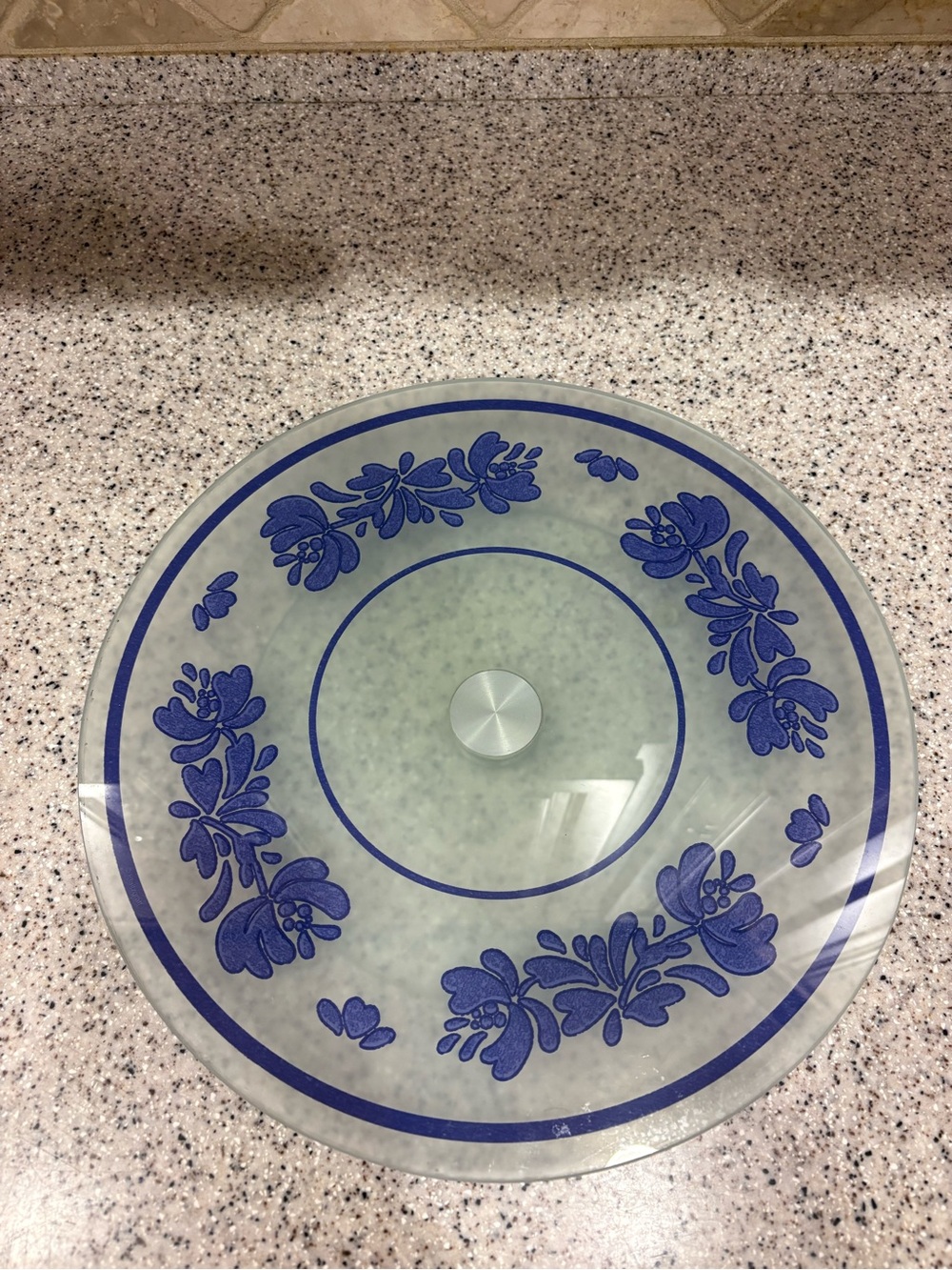 Pfaltzgraff Round Clear Glass Lazy Susan Platter Blue Floral Border 12 in
